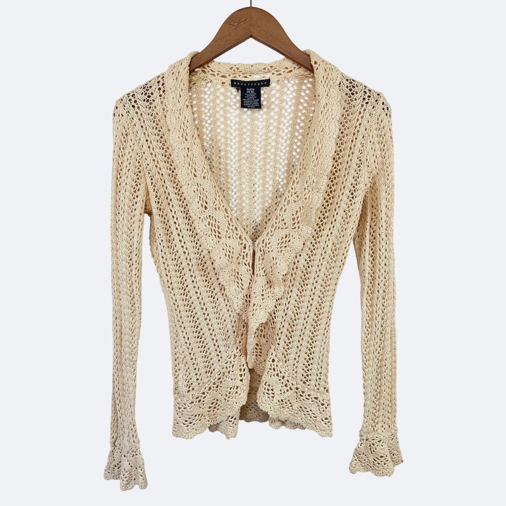 Womens Crochet Ruffle Open Knit Cardigan S Beige Boho Dainty Coquette Fairycore